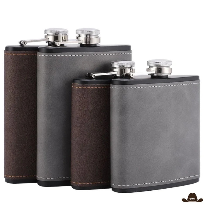 Flasques inox effet cuir brun et gris, 6 et 8 oz