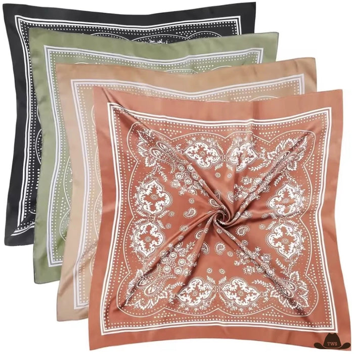 Lot de 4 foulards western femme à motif cachemire, noir, vert sauge, beige et terracotta