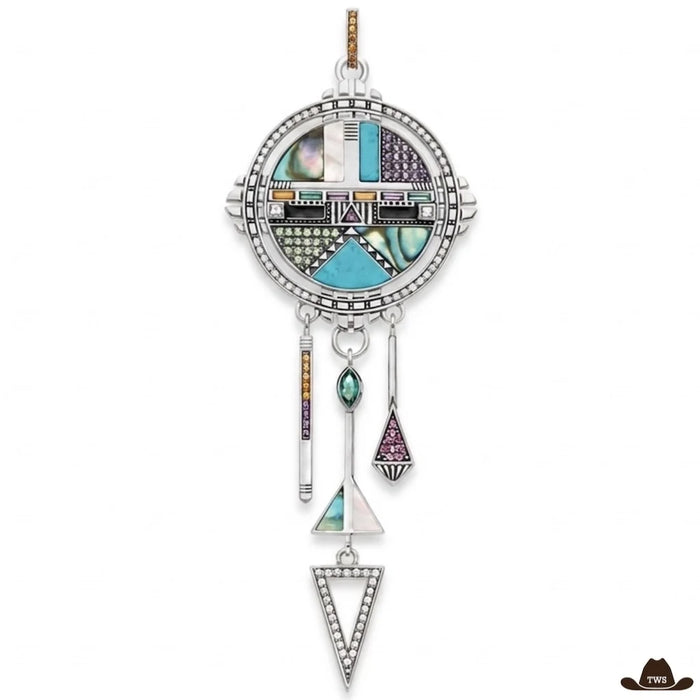 Pendentif argent turquoise en médaillon rond à mosaïque turquoise et irisée, trois pampilles en flèche et triangle serti