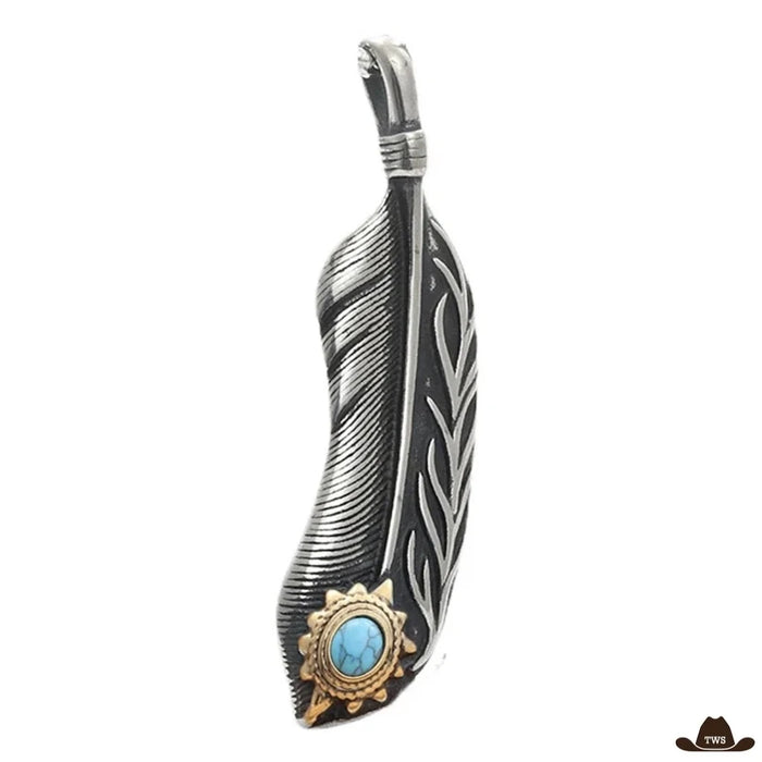 Pendentif turquoise homme seul, plume gravée en acier patiné terminée par un soleil doré à pierre turquoise, bélière striée