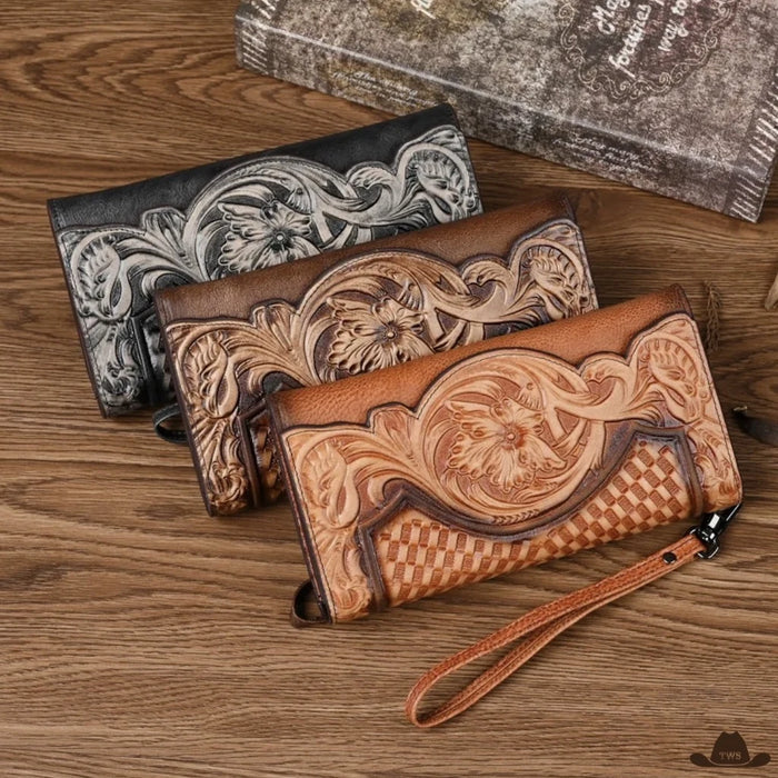Portefeuille en Cuir à Fleurs en noir, marron foncé et marron clair, avec dragonne