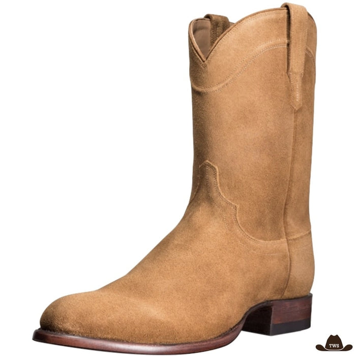 Bottes Cowboy en daim véritable, toucher velouté mi-mollet