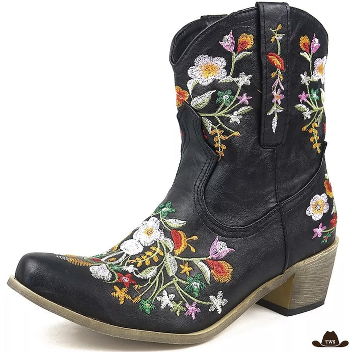 Bottines Western Fleurs Brodées aspect cuir, broderies multicolores haute définition