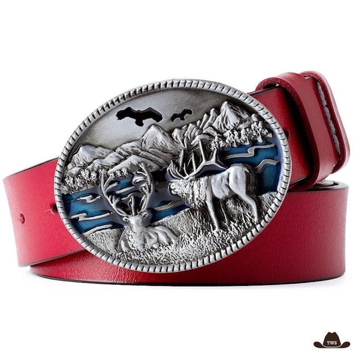 Ceinture Western Rouge en cuir véritable, motif cerfs boucle 8,8 x 7 cm