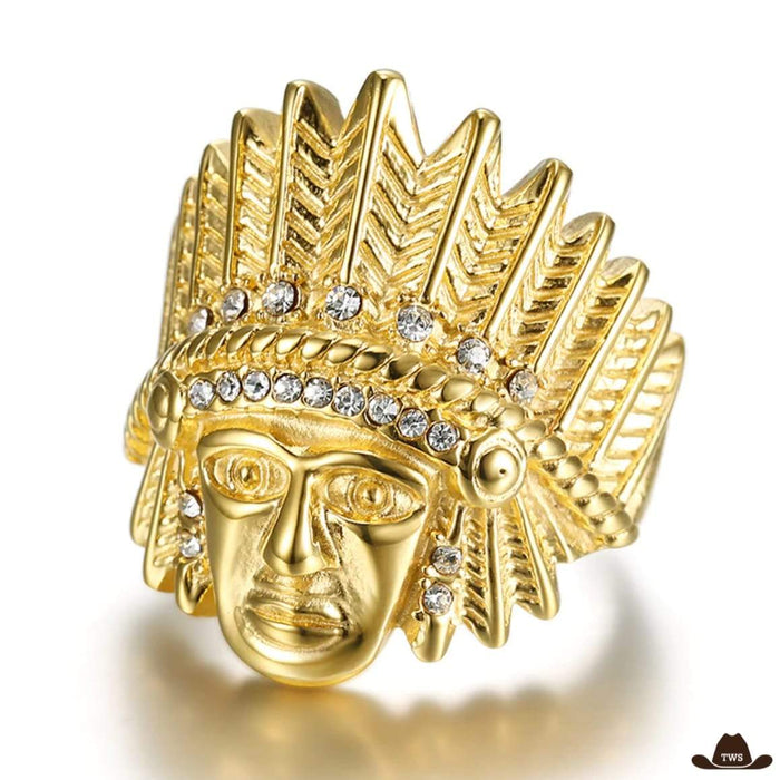 Bague Tête Chef Indien en acier inoxydable or, visage gravé réaliste 27 x 31 mm