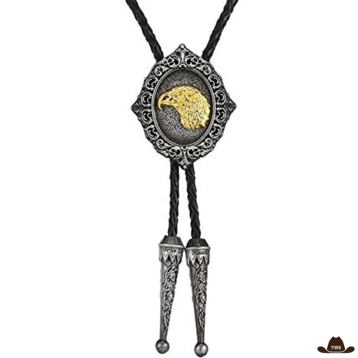 Bolo tie western motif aigle, cravate cordon en métal argenté style Far West