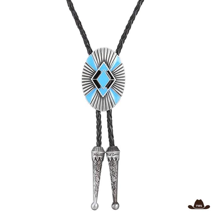 Bolo Tie Cravate Western pendentif bleu, alliage de zinc et cordelette cuir 96 cm