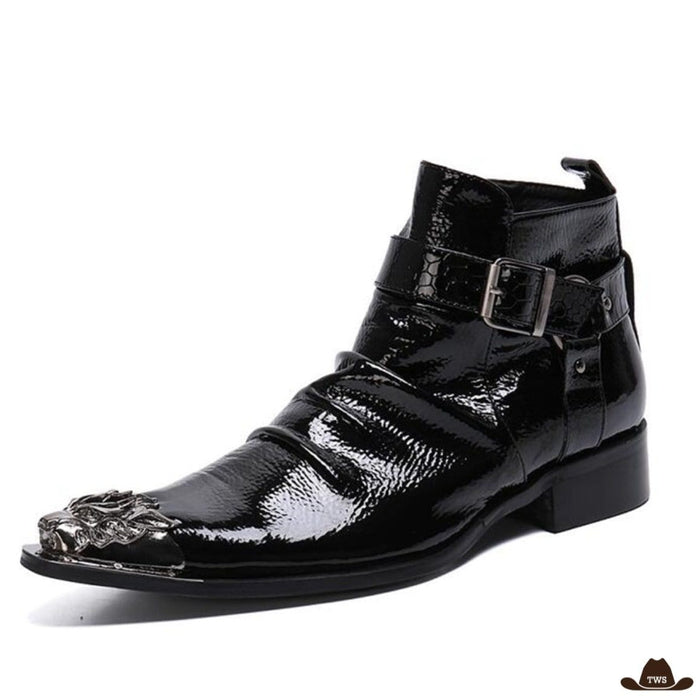 Boots Cowboy Style en cuir véritable verni, embout métallique outlaw