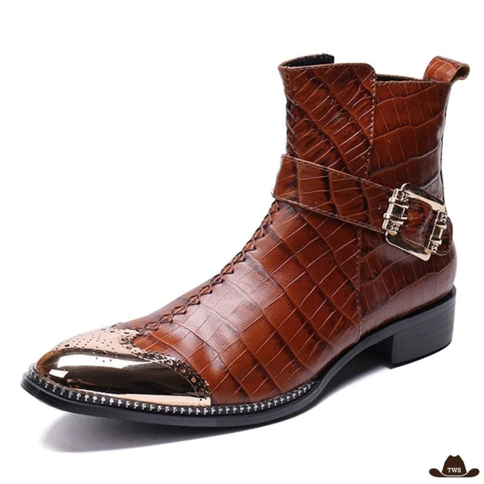 Bottes Western Bout Rond en cuir véritable, effet crocodile en relief