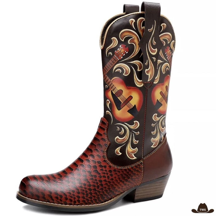 Bottes Western Femme Bouts Ronds en cuir véritable, motifs guitare gravés