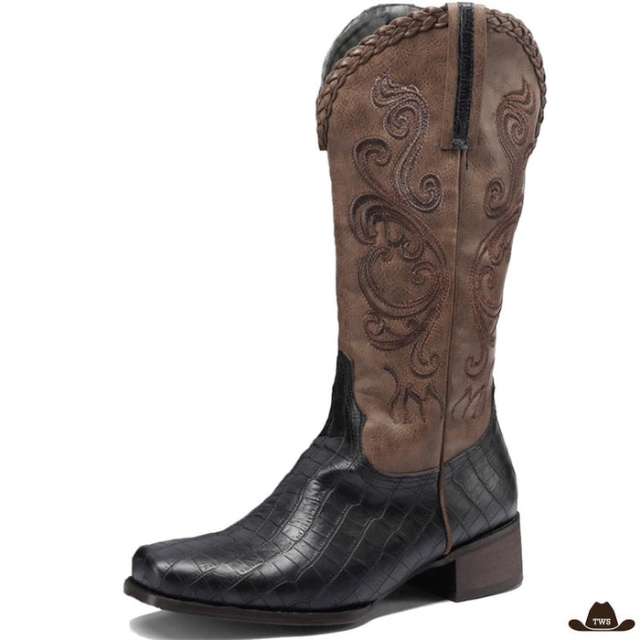 Bottes Western Vintage aspect cuir, bas crocodile et hampe brodée tressée
