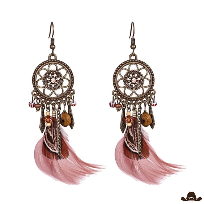 Boucles d'Oreilles à Plumes Roses pendantes, format attrape-rêves 10 x 5 cm