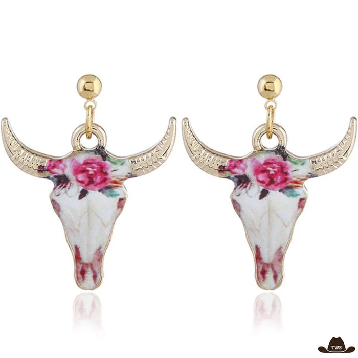 Boucles d'Oreilles Taureau crâne de buffle motifs floraux