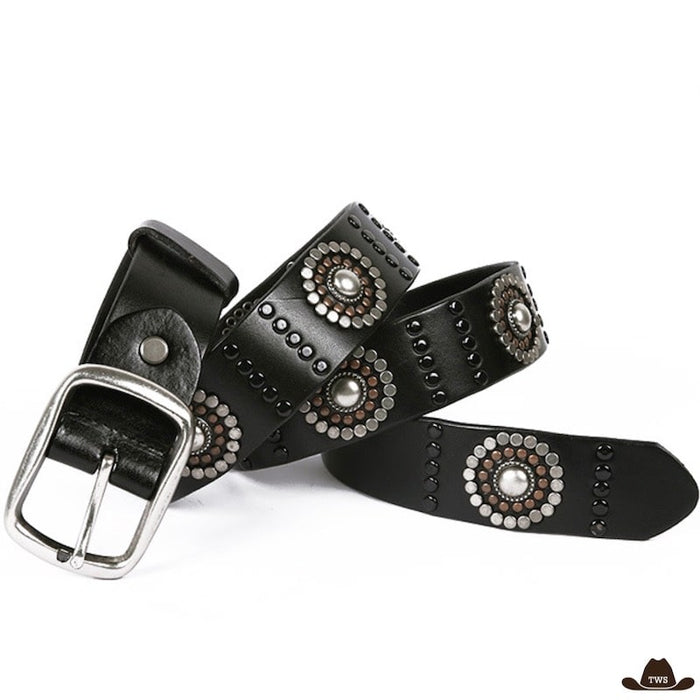 Ceinture Cowboy Cloutée en cuir véritable, clous métalliques rivetés sur toute la longueur