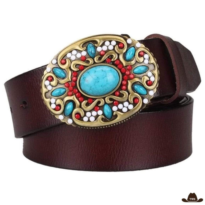 Ceinture Cowboy Turquoise en cuir véritable, pierre bleue centrale boucle 8 x 6 cm
