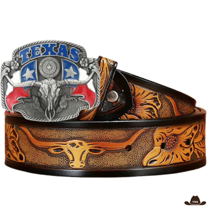 Ceinture Cuir Repoussé Western Artisanale, motif taureau gravé à la main