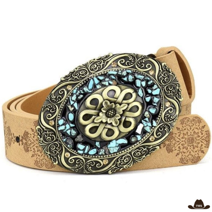 Ceinture Vegan Cowboy aspect cuir, boucle gravée touche turquoise 9,5 x 7,5 cm