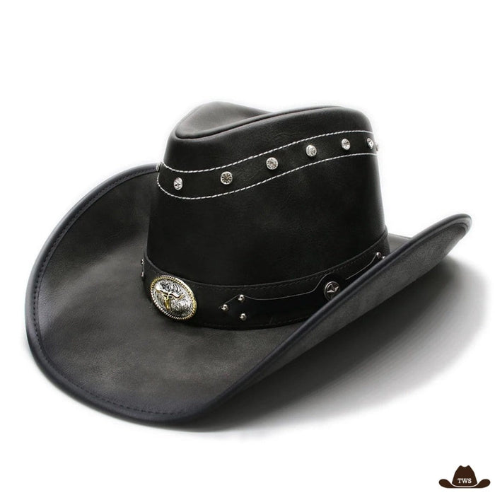 Chapeau Cowboy Cuir Homme en cuir véritable noir, conchos crâne de buffle