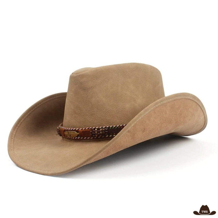 Chapeau Cowboy Beige en cuir véritable sable, lanière et plume amérindienne