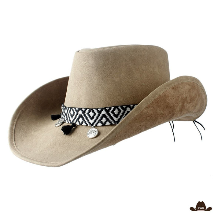 Chapeau Cowboy Pour Femme en cuir véritable, tresse bicolore noir et blanc autour de la calotte