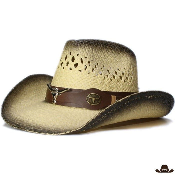 Chapeau Paille Western Express, effet noirci vintage et lanière cuir motifs buffles