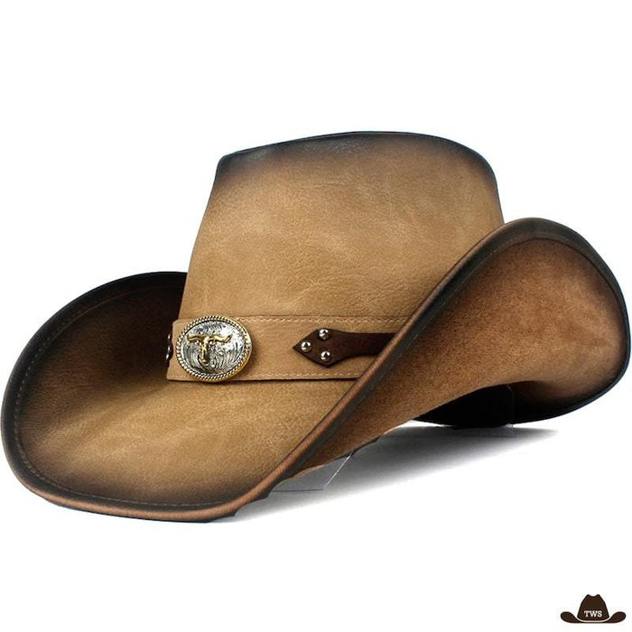 Chapeau de Western en cuir véritable, détail taureau country