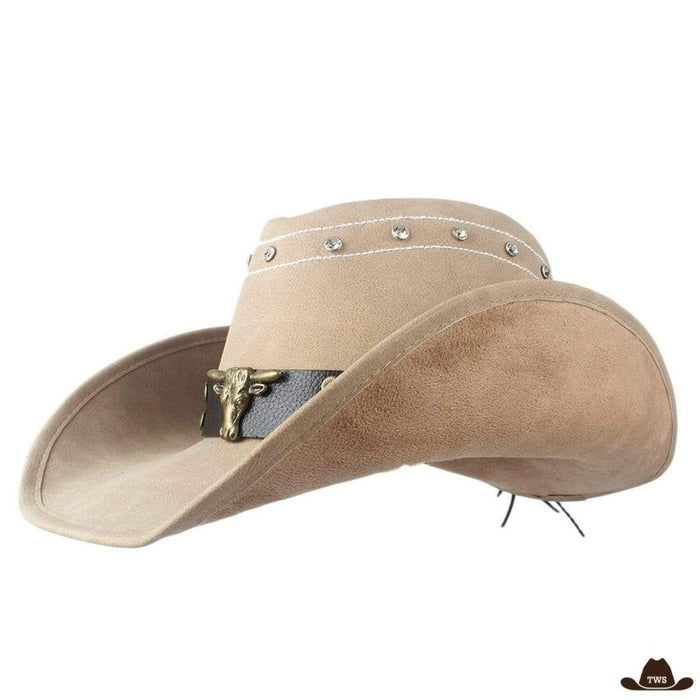 Chapeau Cuir Comanchero clair, frise crânes de buffle