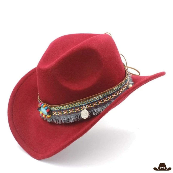 Chapeau Style Western Femme en feutre laine, lanière motifs amérindiens géométriques