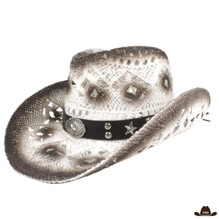 Chapeau Western Blanc Été Femme en paille ajourée, lanière cuir étoiles métalliques