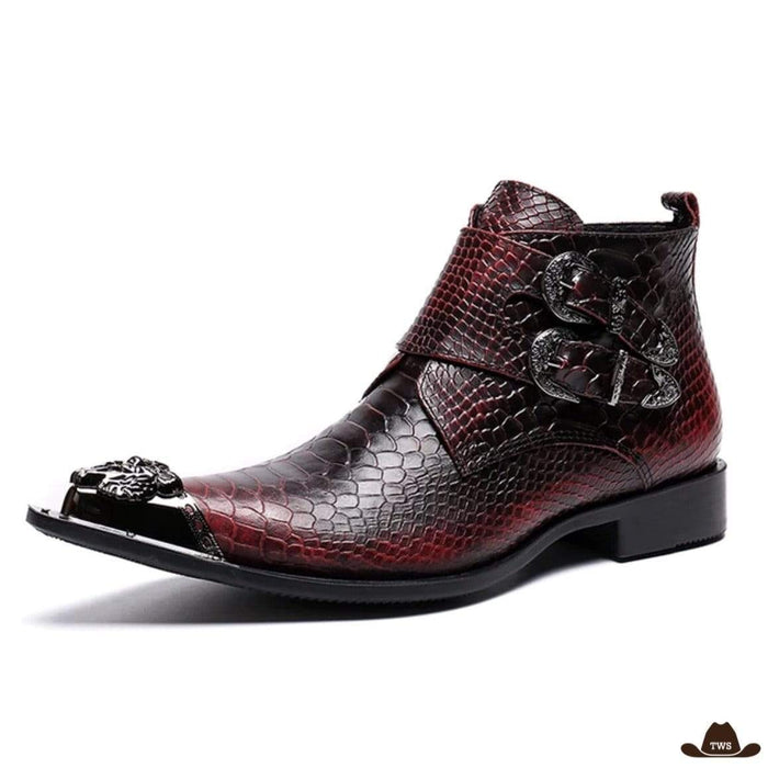 Chaussures Western Homme cuir effet serpent marron bordeaux