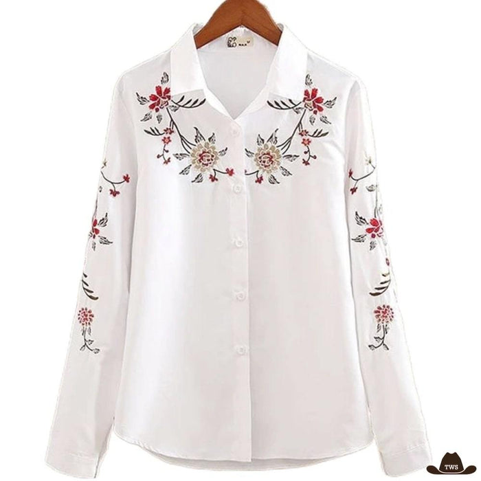 Chemise Cowboy Blanche Femme en coton 100%, broderies col, buste et manches