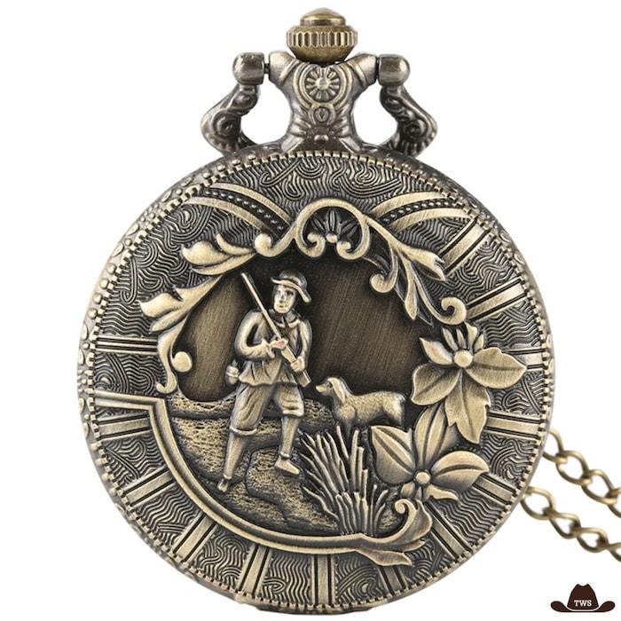 Montre à Gousset Homme Motif Chasseur en acier inoxydable, scène de chasse gravée