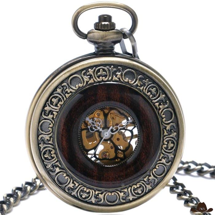 Montre à Gousset Mécanique à Remontage Manuel, acier inoxydable et bois incrusté