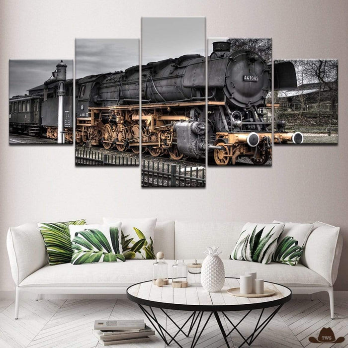 Tableau Locomotive à Vapeur en noir et blanc, impression huile sur canvas triptyque