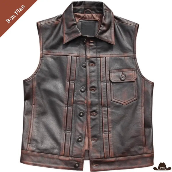 Gilet Homme Sans Manches en Cuir Western - XL - Bon Plan