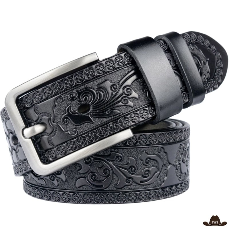 Ceinture Western Homme Sans Boucle - Cuir Gravé Motif Floral, Largeur 3.8cm, Taille 44-48, Bouton Pression
