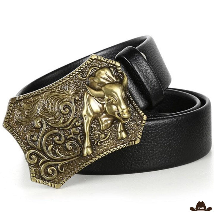 Ceinture Homme Cuir Noir Boucle Fantaisie Western Dorée