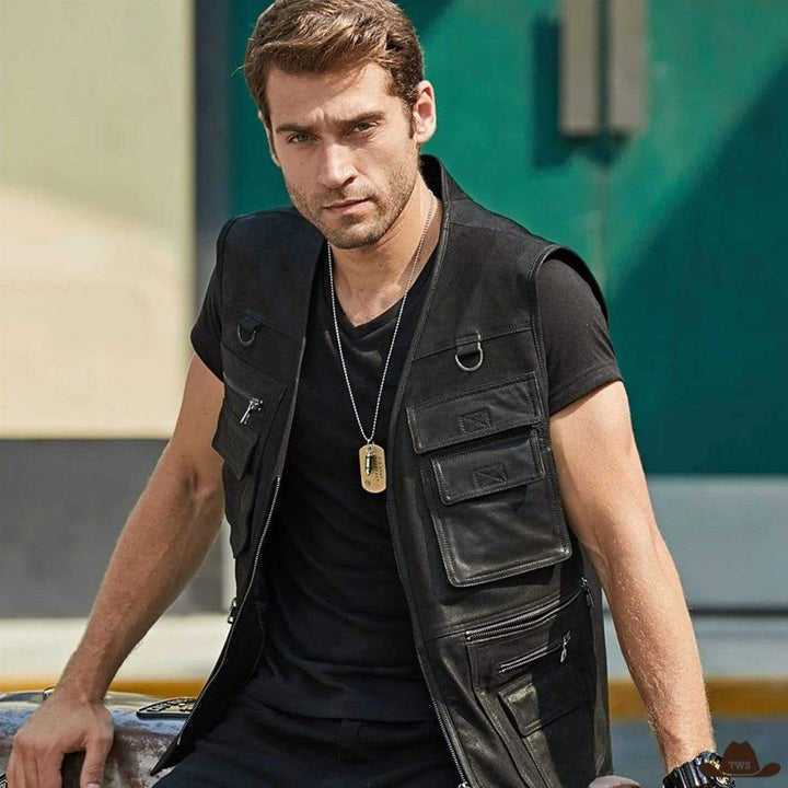 Veste Cuir Western Sans Manche Homme Noire